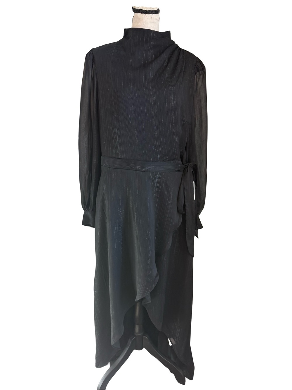 NWT Express Black Metallic High Low Faux Wrap Midi Dress L $98
